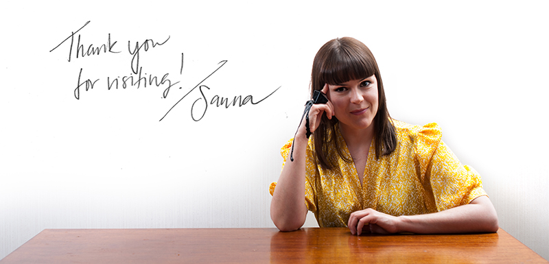 Sanna Svedestedt sitting at a table, smiling, text on image  types "Thank you for visiting / Sanna"